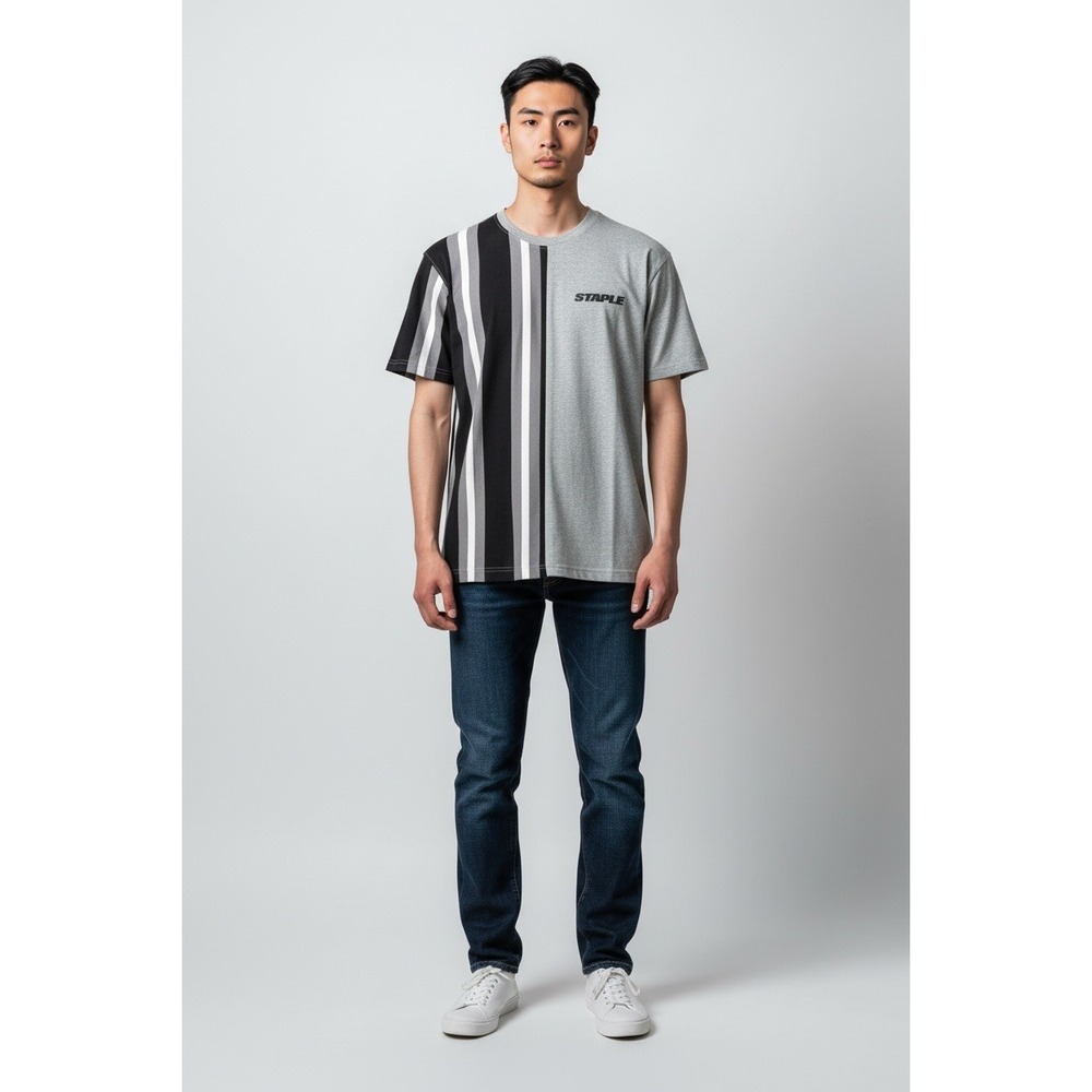 Staple Pigeon Mens Split Vertical‎ Stripe T-Shirt Gray Black White Large NEW - Picture 7 of 7